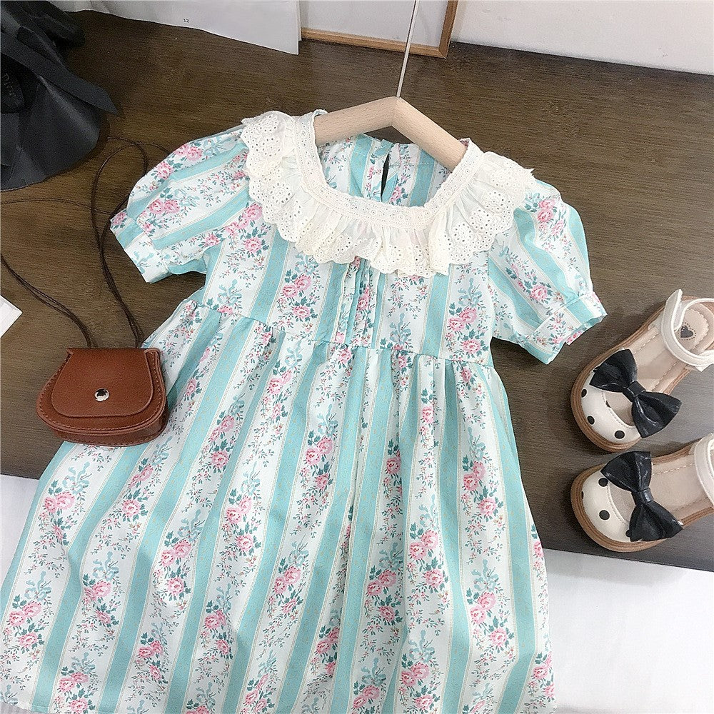 （In Production）Girls Spring&Summer Floral Print Lace Ruffle Dress