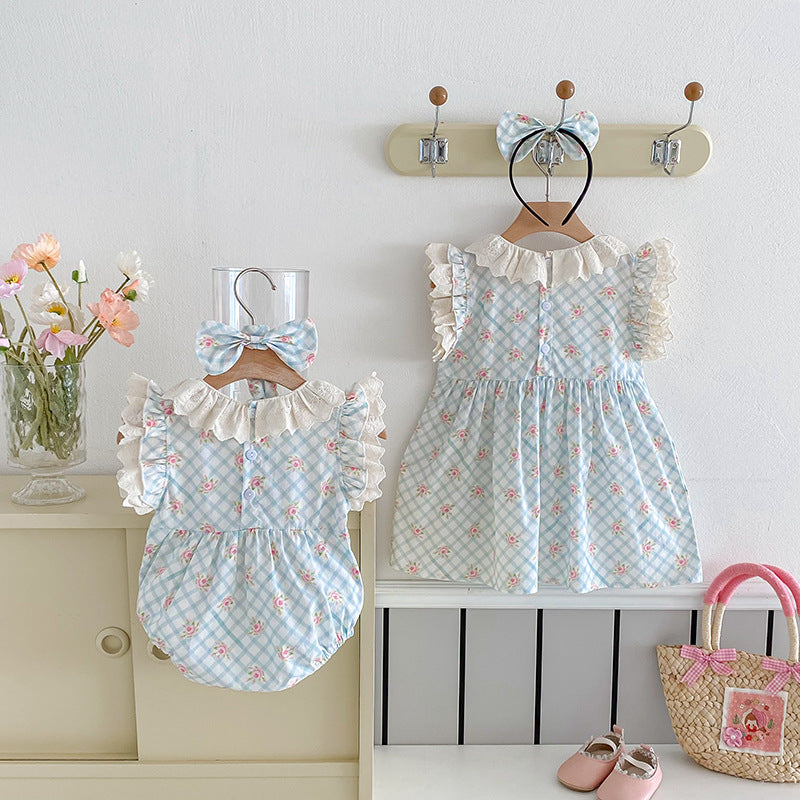 （In Production）Sisters Spring&Summer Floral Print Lace Ruffle Dress,Romper