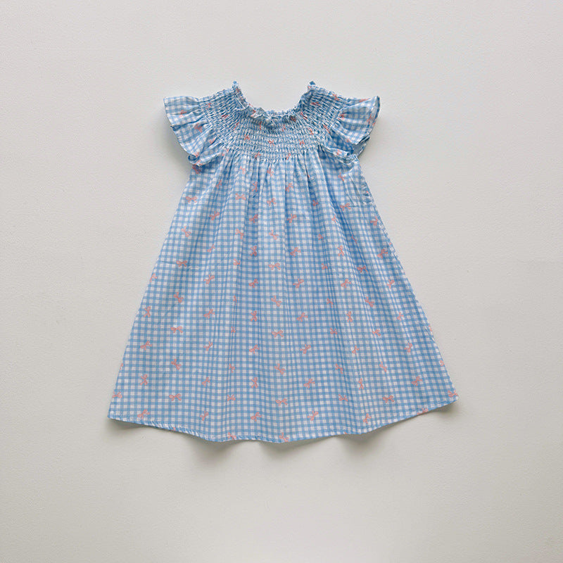 （In Production）Girls Spring&Summer Bow Print Smocked Dress