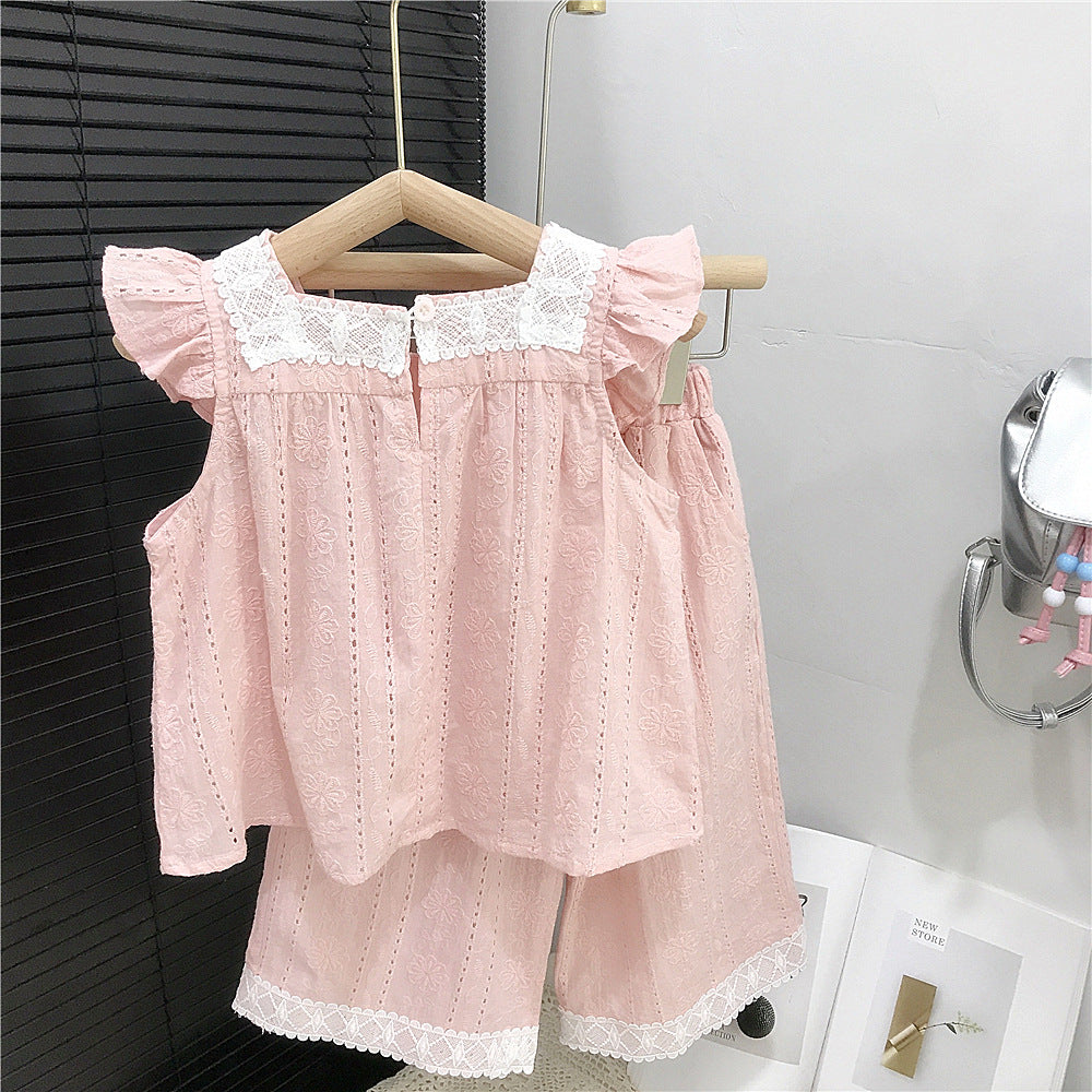 （In Production）Girls Summer Baby Pink Lace Outfit Set