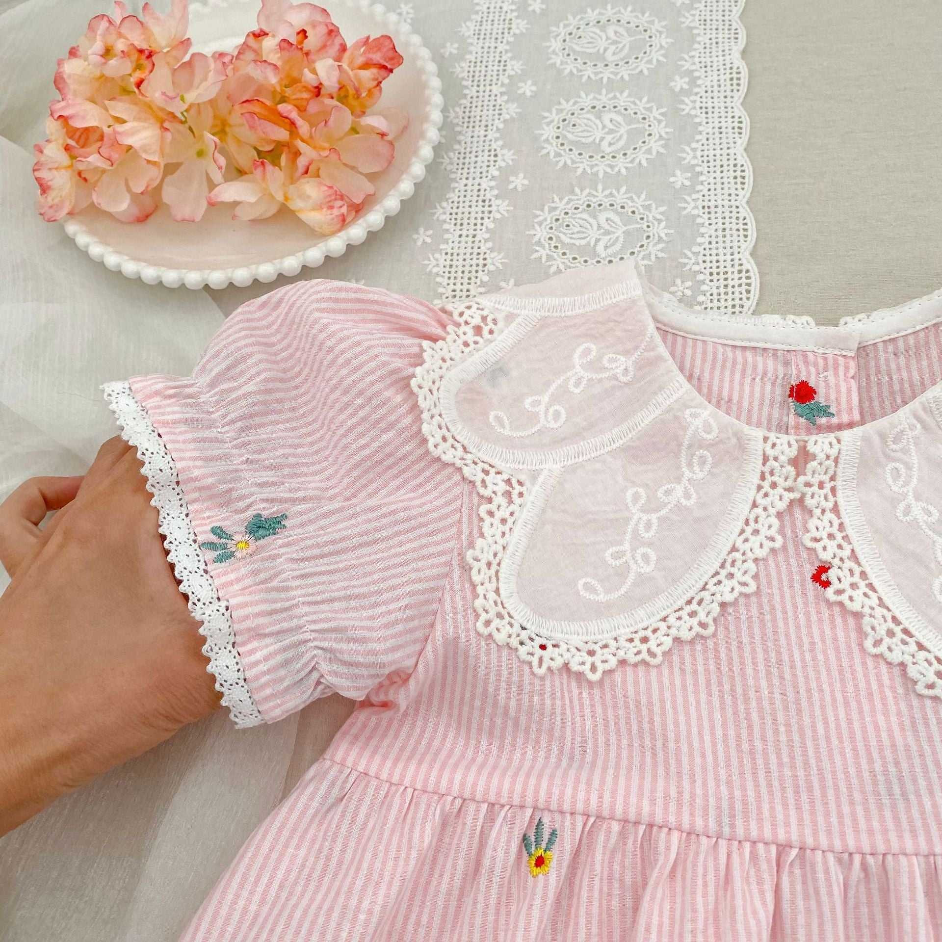 （Pre Order 2 Weeks）Sisters Floral Embroidery Pink Stripe Dress&Romper