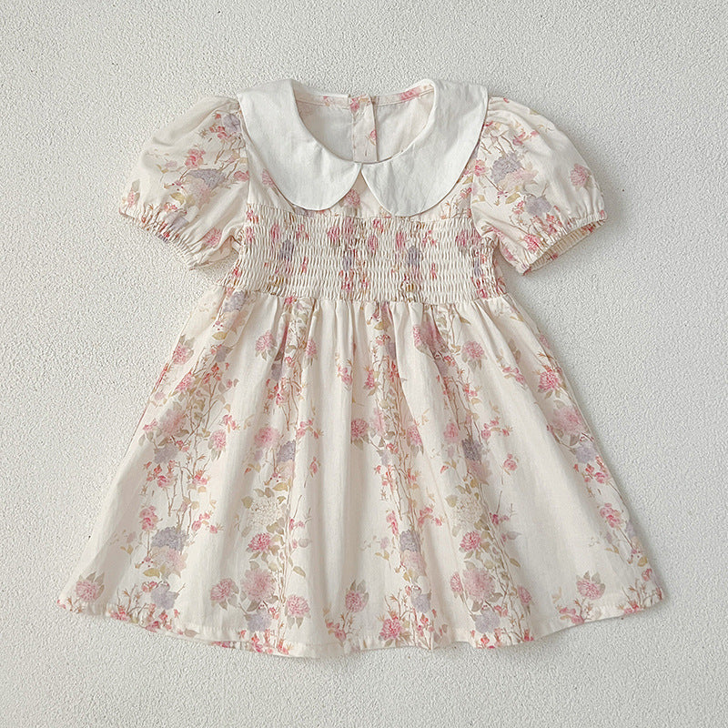 （In Production）Sisters Spring&Summer Floral Print Doll Collar Smocked Dress,Romper