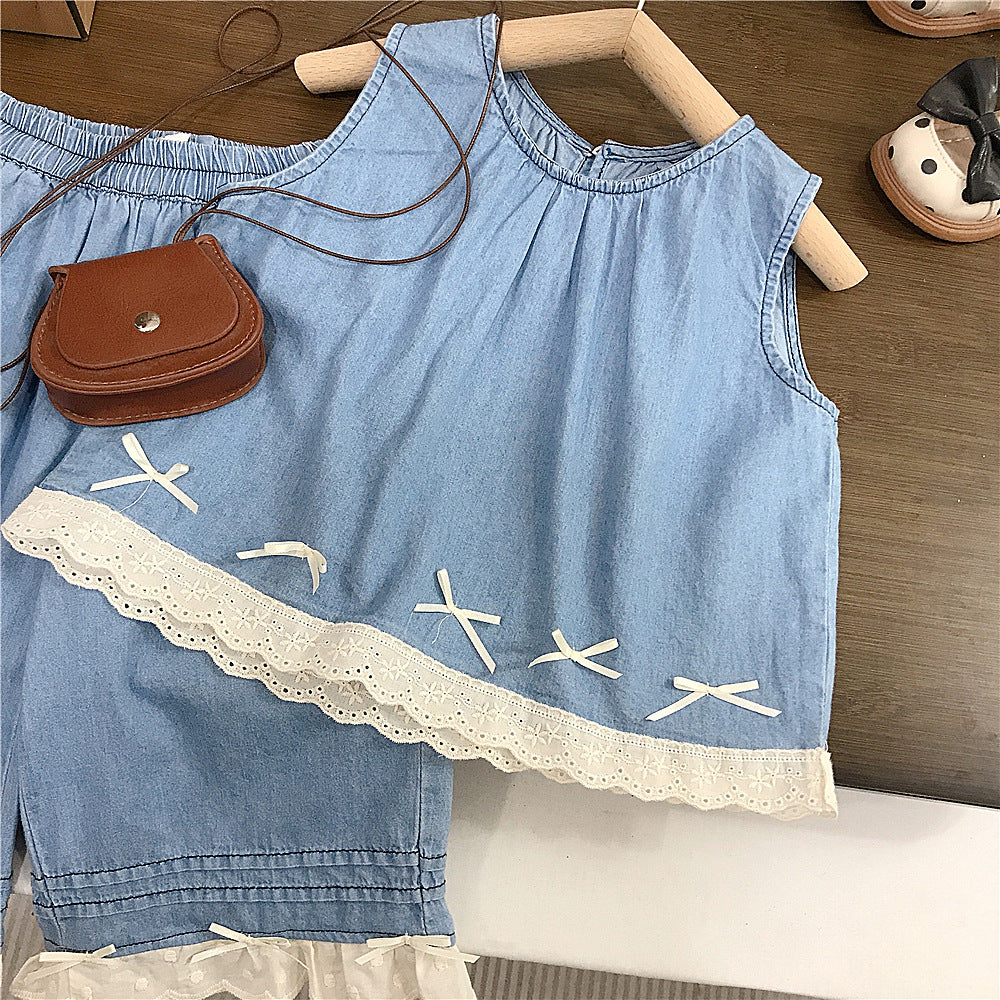 （In Production）Girls Spring&Summer Lace Ruffle Denim Outfit Set