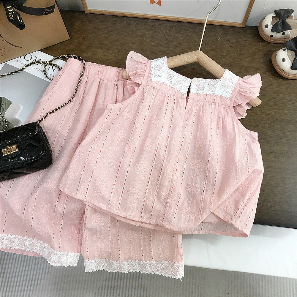 （In Production）Girls Summer Baby Pink Lace Outfit Set