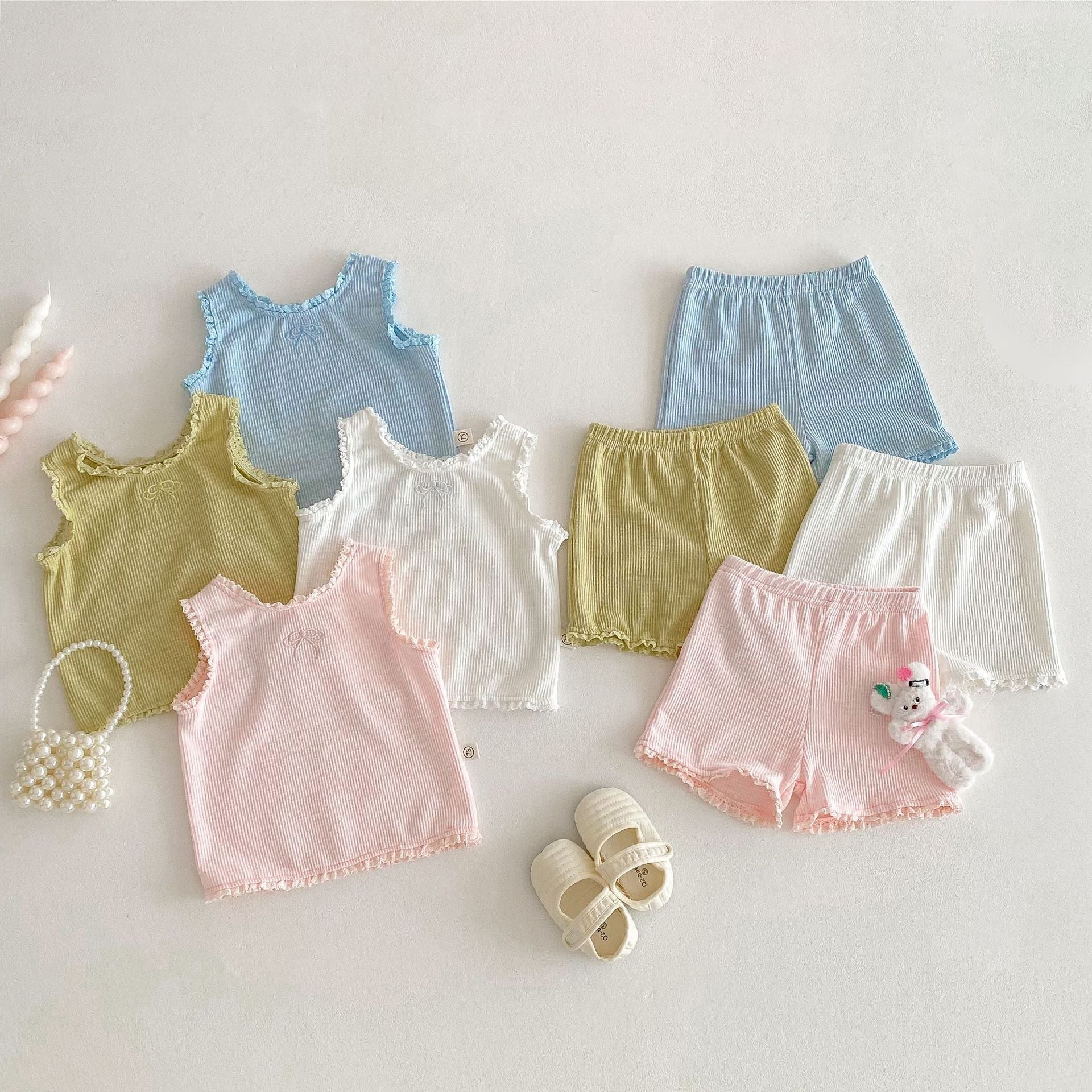 （In Production）Girls Spring&Summer Solid Color Tank Top and Short Pants Set