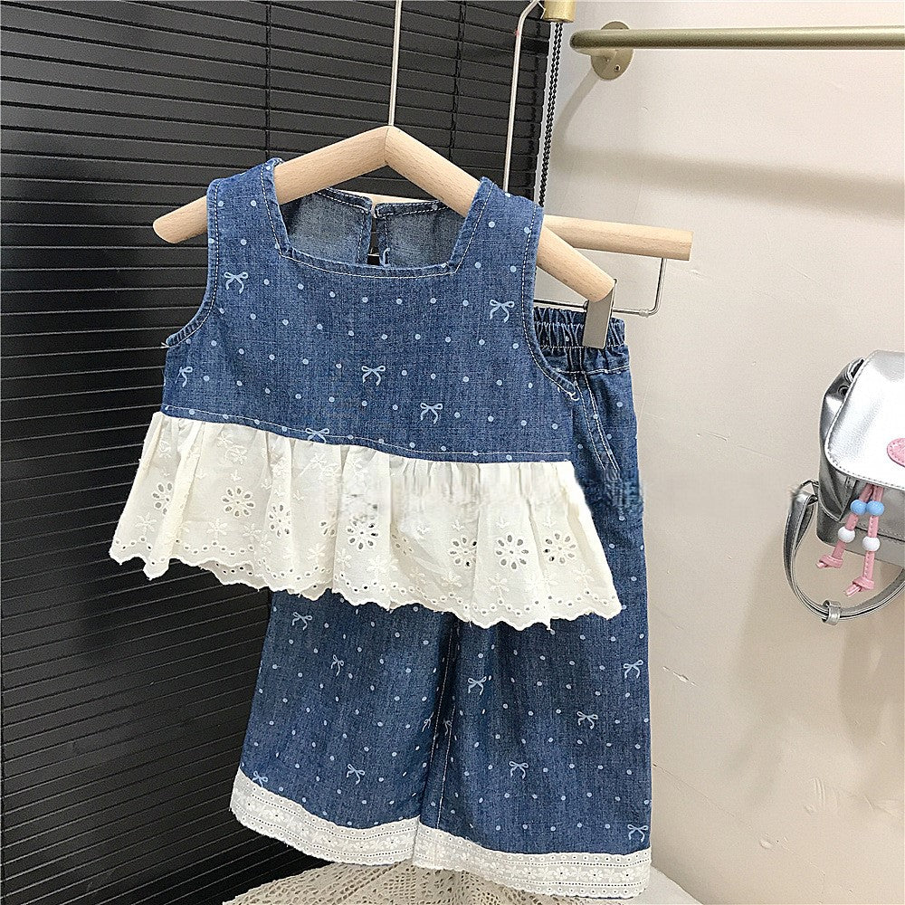 （In Production）Girls Summer Lace Denim Outfit Set