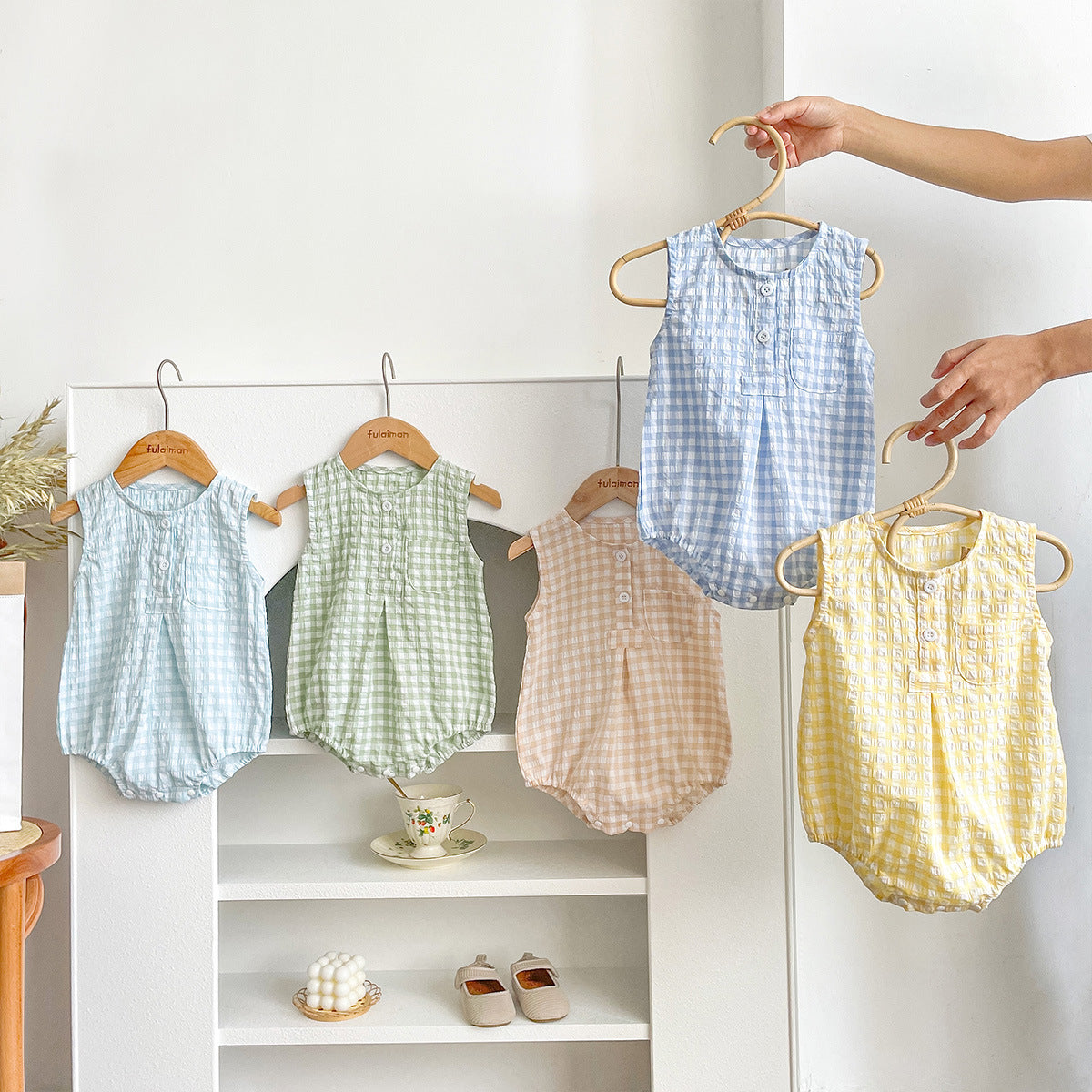 （In Production）Toddler Boys Girls Spring&Summer Checkered Sleeveless Romper