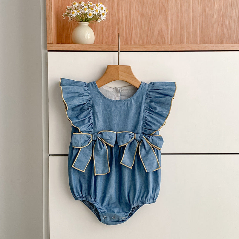 （In Production）Sisters Spring&Summer Bow Denim Ruffle Dress,Romper