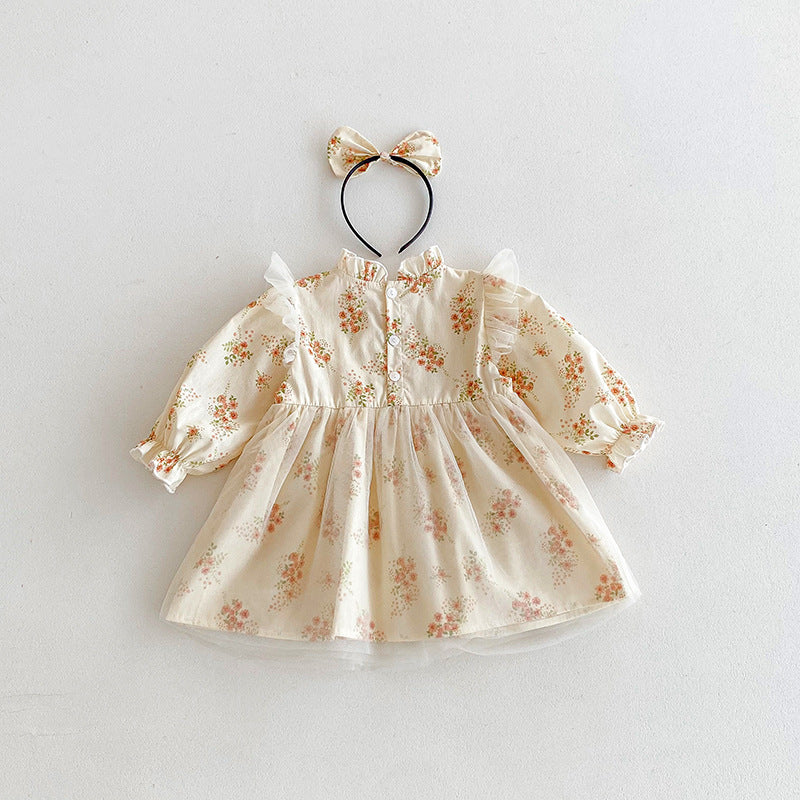 （In Production）Sisters Fall Floral Print Lace Ruffle Dress&Romper