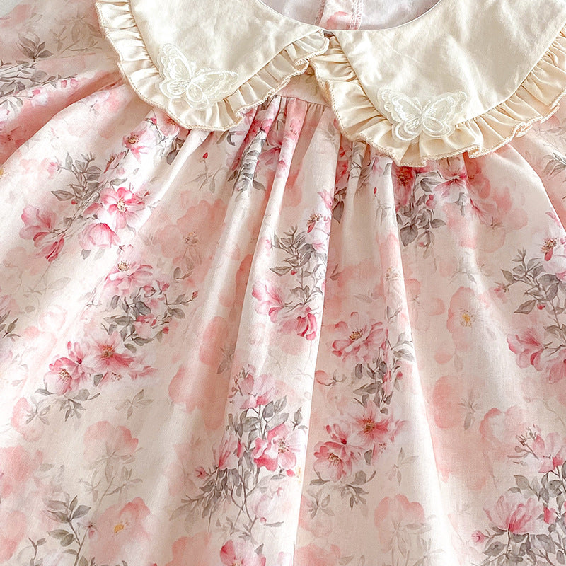 （In Production）Sisters Baby Collar Pink Floral Dress&Romper
