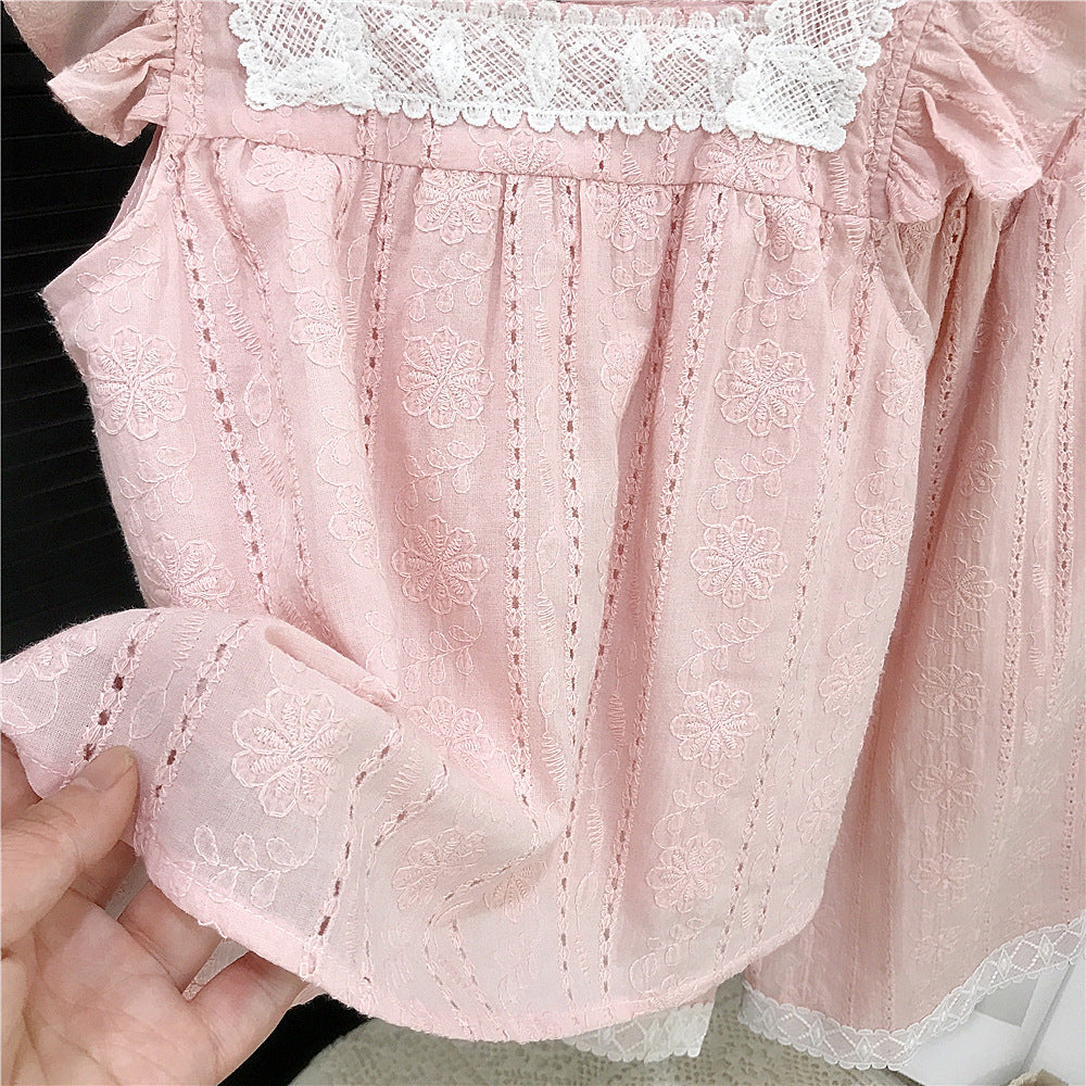 （In Production）Girls Summer Baby Pink Lace Outfit Set