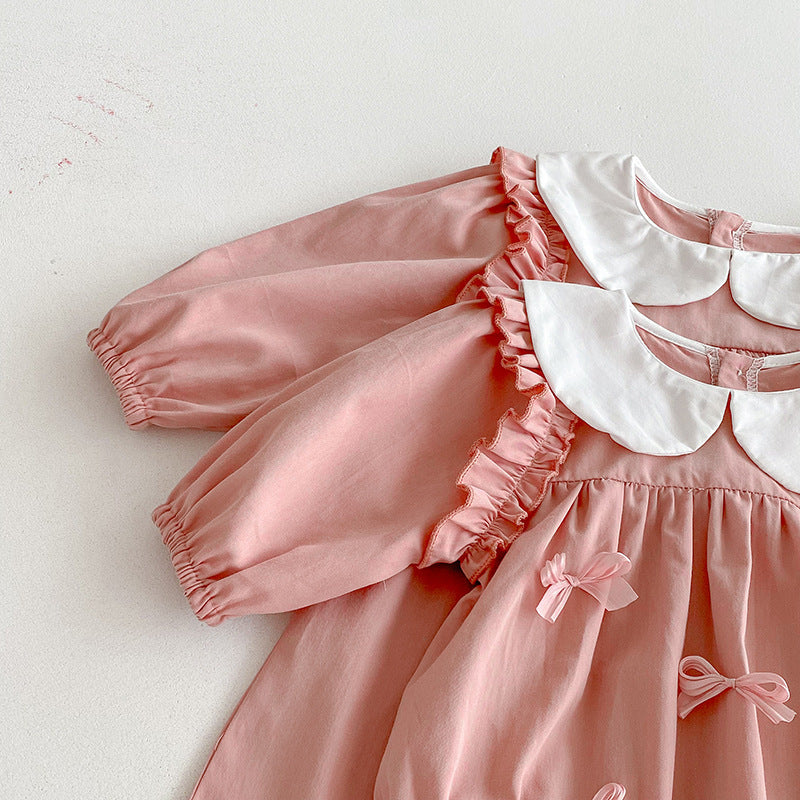 （In Production）Sisters Spring Pink Bow Doll Collar Dress&Romper