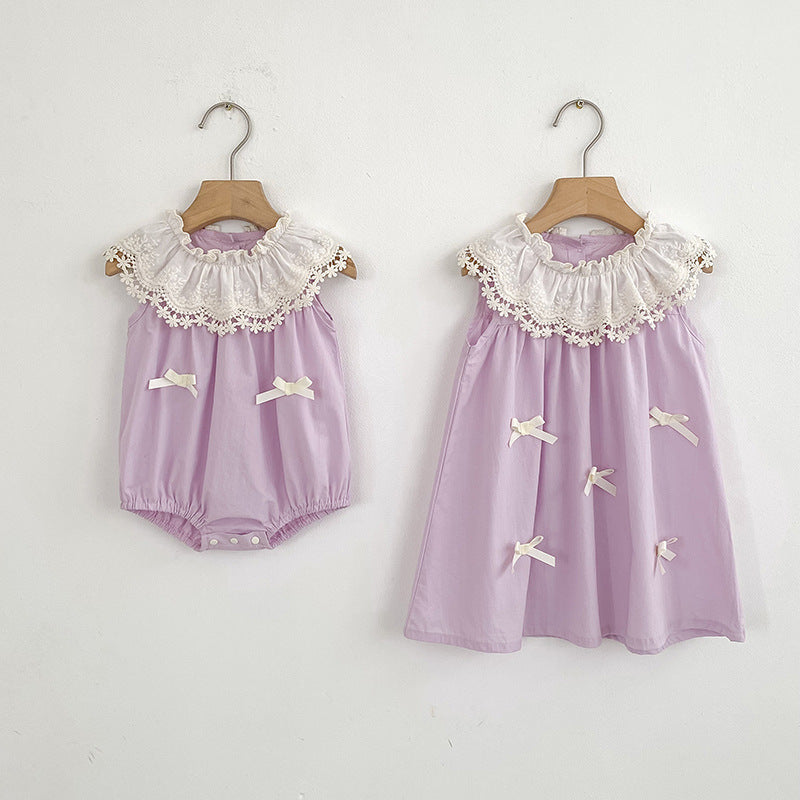 （In Production）Sisters Spring&Summer Lavender Bow Ruffle Dress,Romper
