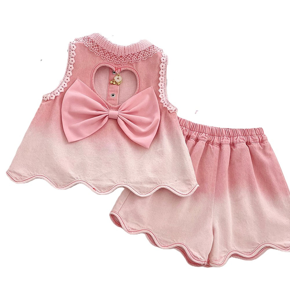 （In Production）Girls Summer Pink Scallop Denim Shorts Set