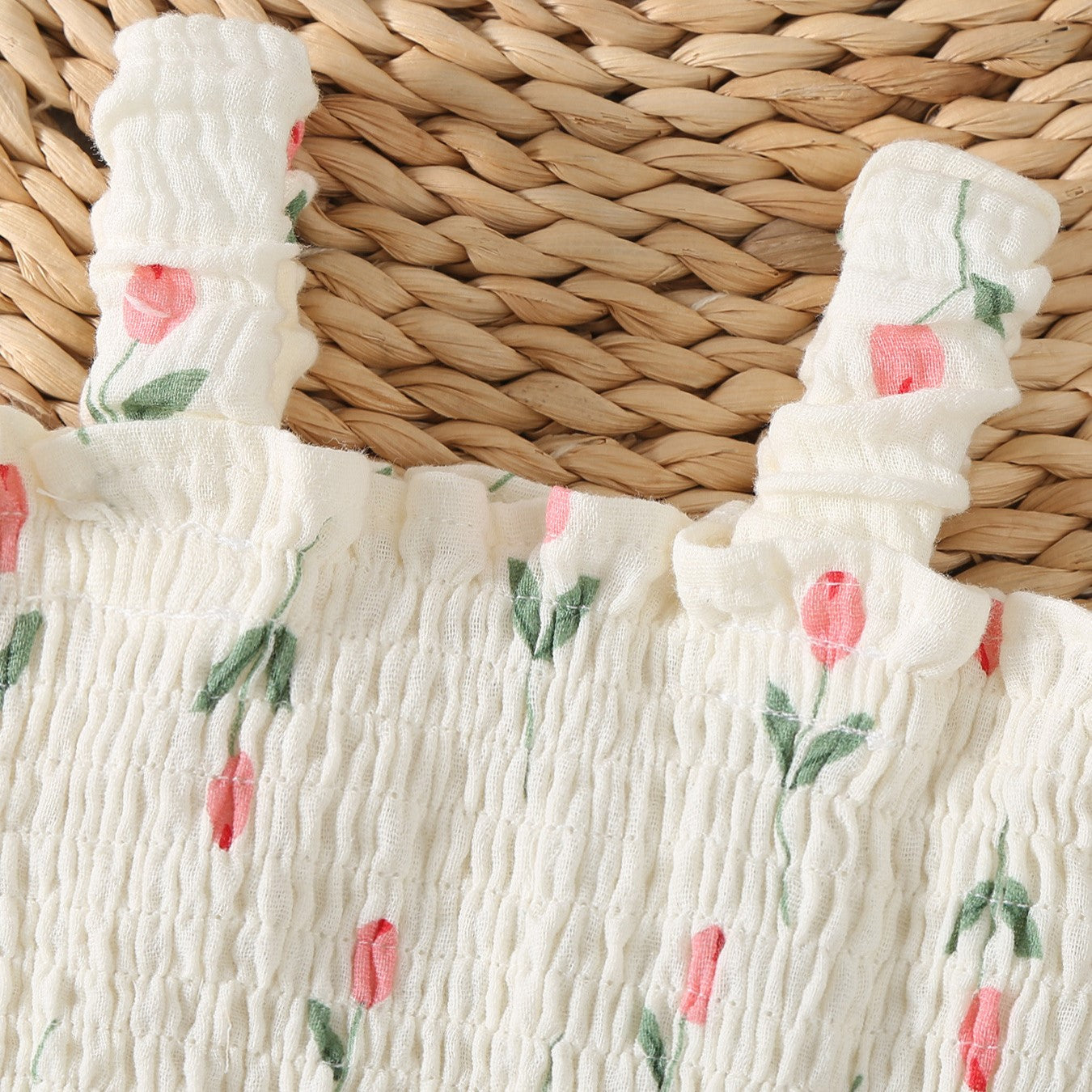 （In Production）Toddler Girls Spring&Summer Tulip Print Smocked Romper with Hat