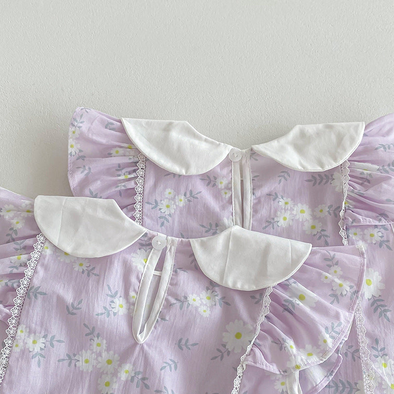 （In Production）Sisters Spring&Summer Lavender Floral Print Dress,Romper
