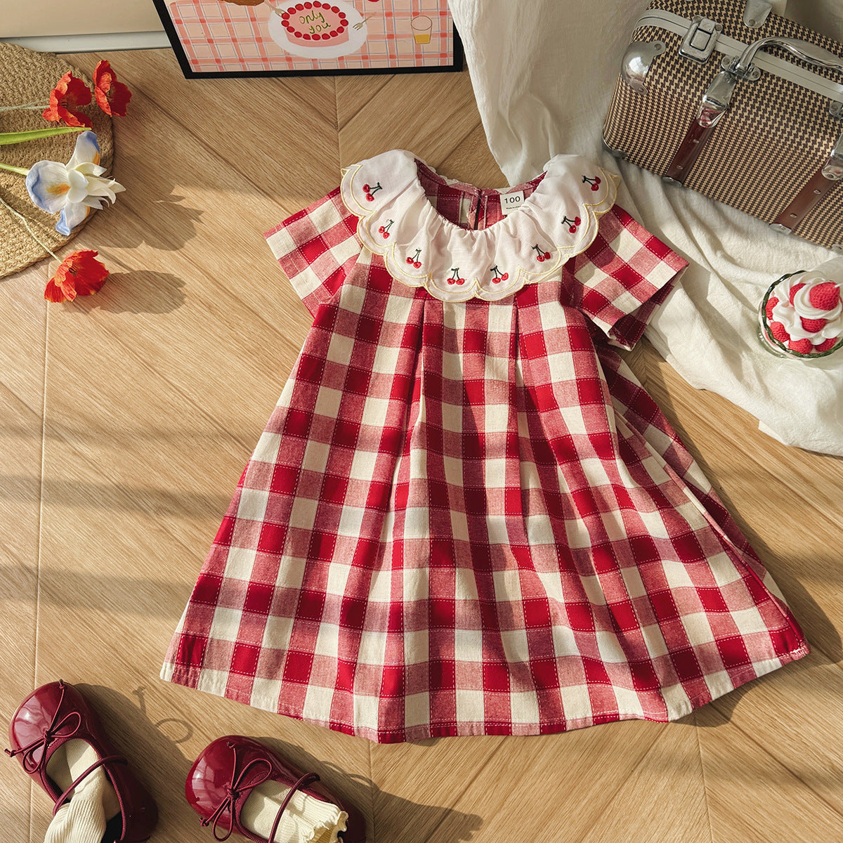 （In Production）Girls Spring&Summer Cherry Embroidery Dress