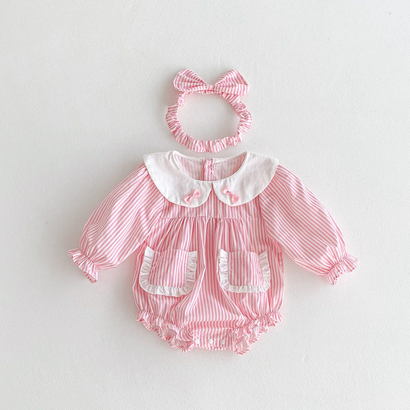 （In Production）Sisters Fall Pink Stripe Dress&Romper with Pockets