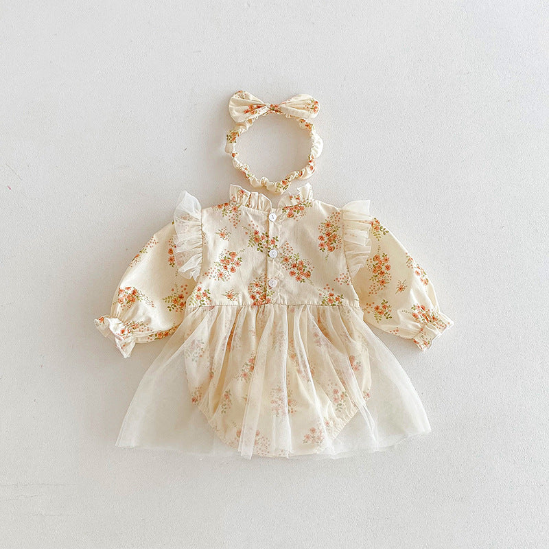 （In Production）Sisters Fall Floral Print Lace Ruffle Dress&Romper