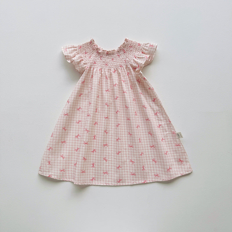 （In Production）Girls Spring&Summer Bow Print Smocked Dress