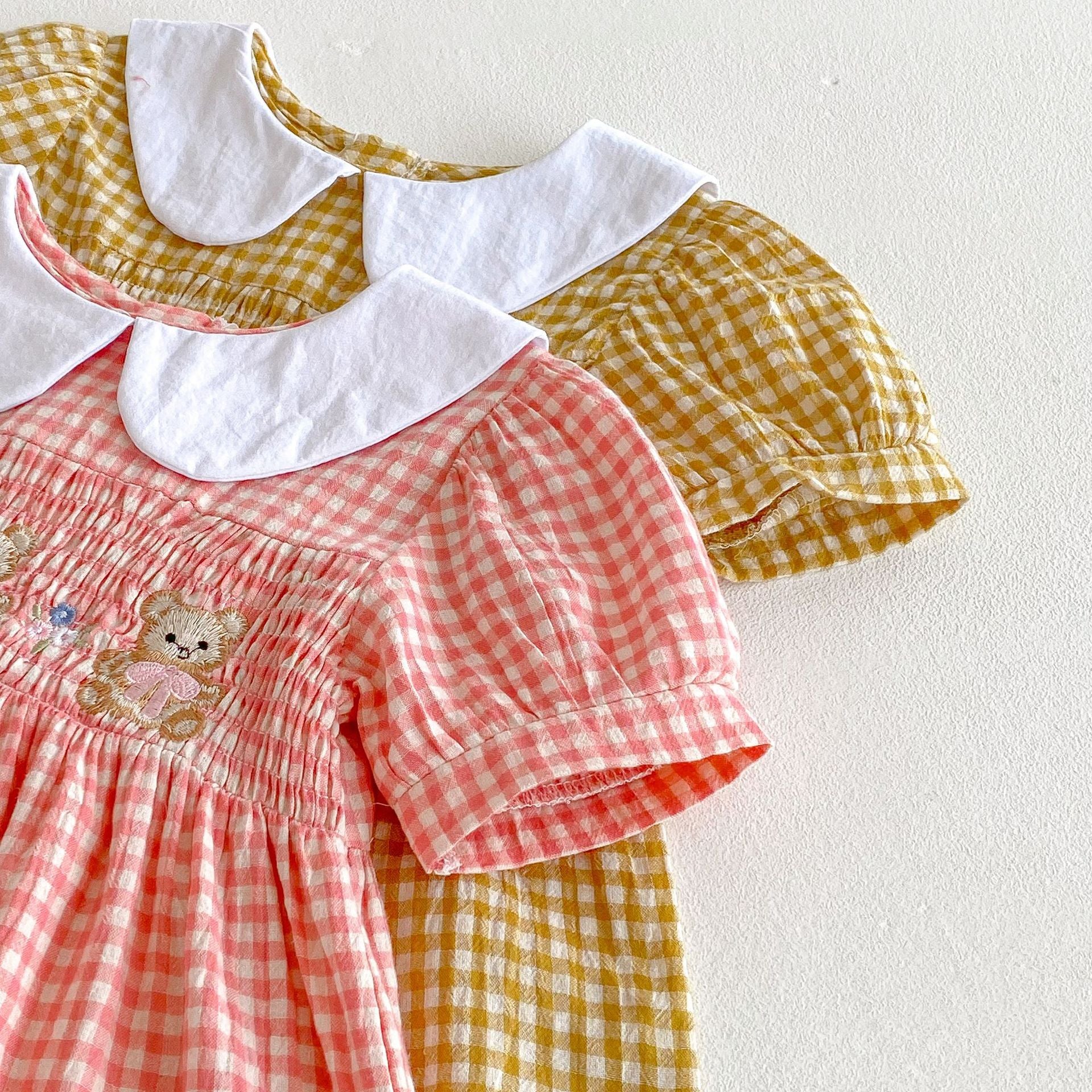 （Pre Order 2 Weeks）Girls Fall Plaid Bear Embroidery Smocked Dress