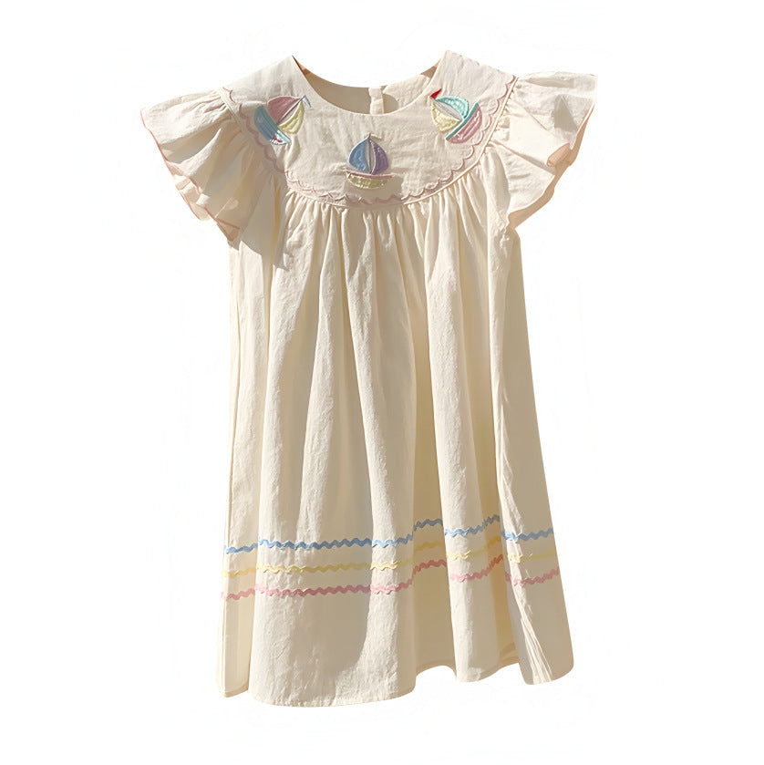 （Pre Order）Girls Spring and Summer Navy Embroidery Flying Sleeves Cotton Dress