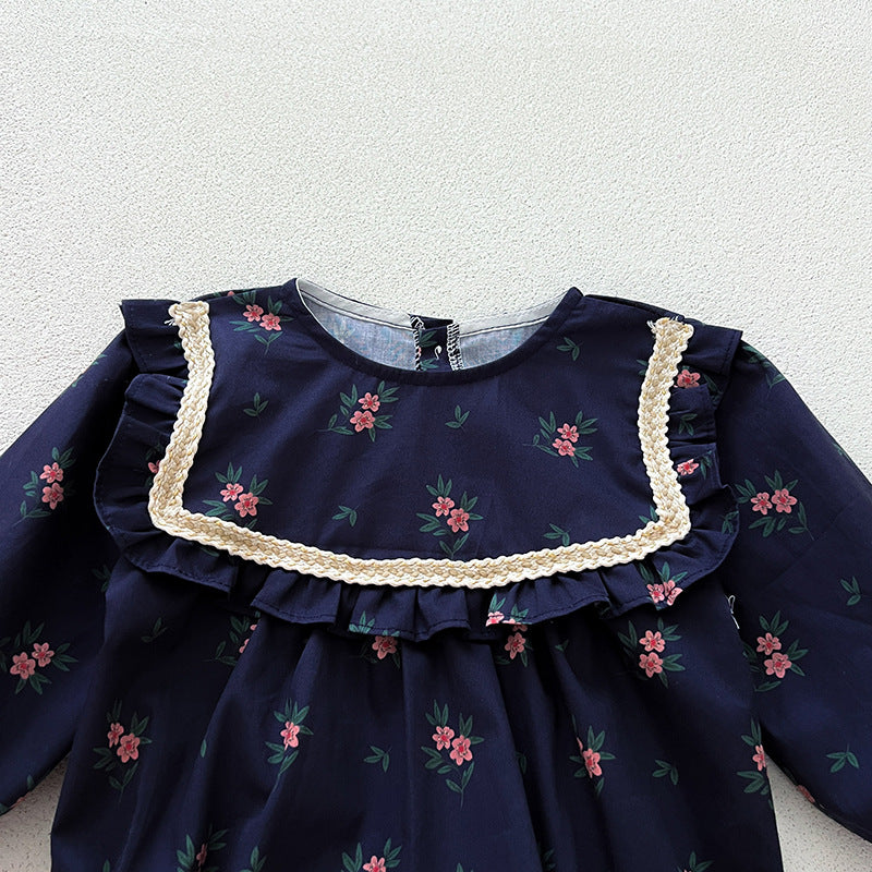 （In Production）Sisters Fall Navy Floral Print Dress&Romper