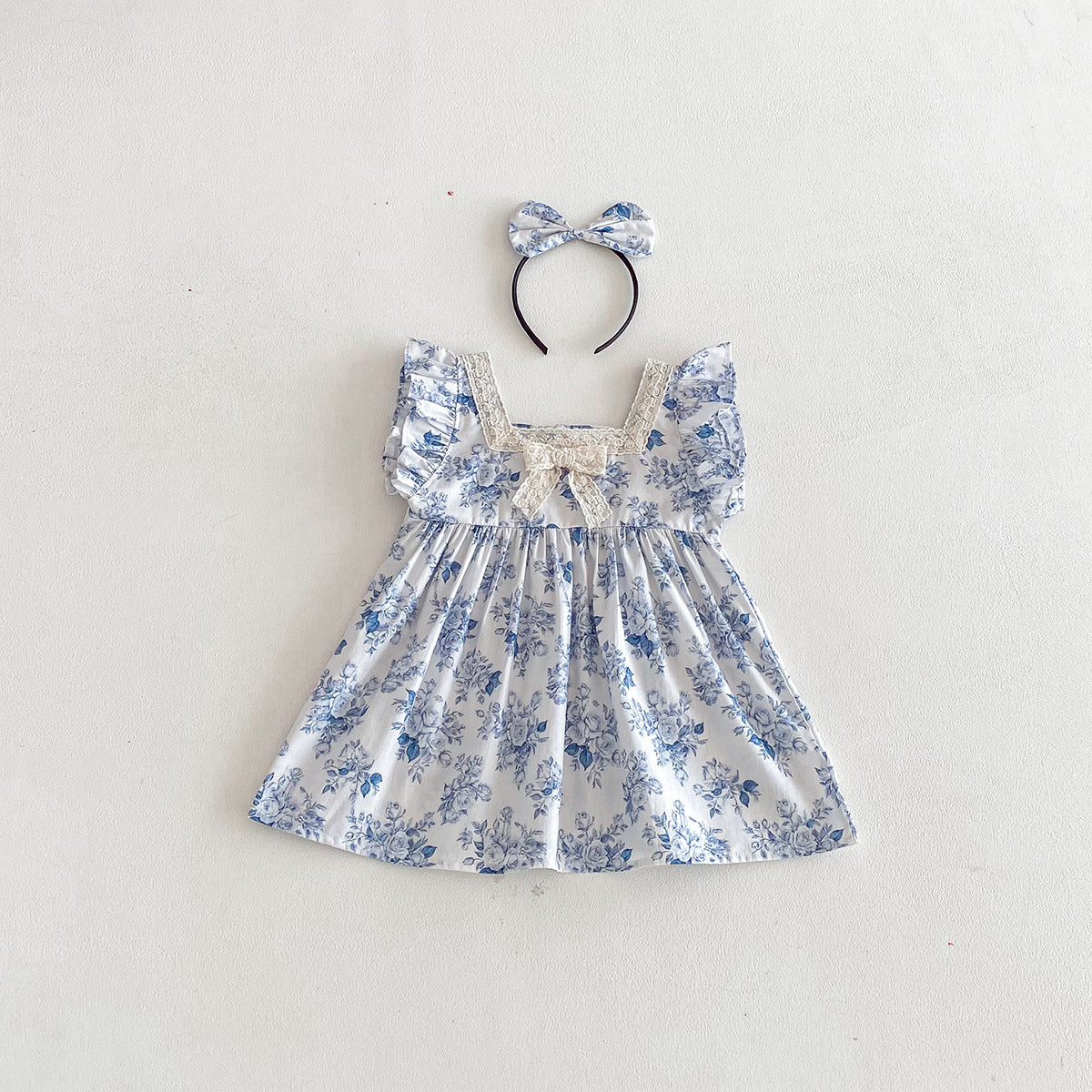 （In Production）Sisters Spring&Summer Blue Floral Print Dress,Romper
