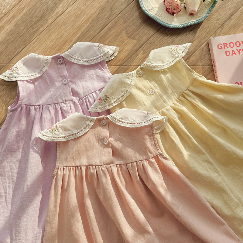 （In Production）Girls Spring&Summer Floral Embroidery Petal Collar Dress