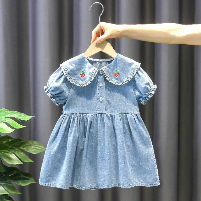 （In Production）Girls Spring&Summer Strawberry Embroidery Denim Dress with Bag