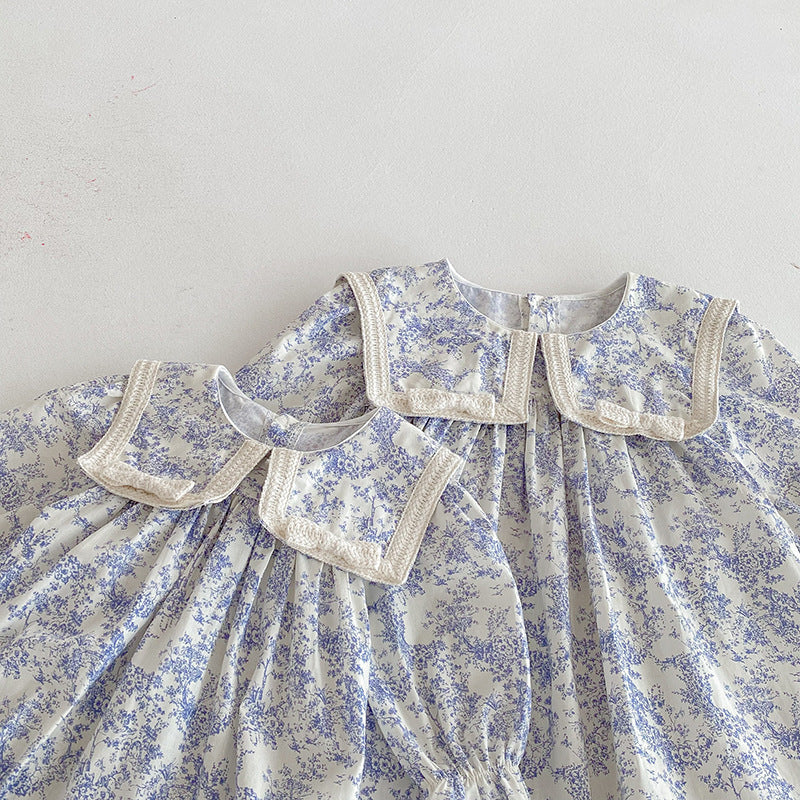 （Pre Order 2 Weeks）Sisters Fall Floral Print Lace Collar Bow Ruffle Dress&Romper