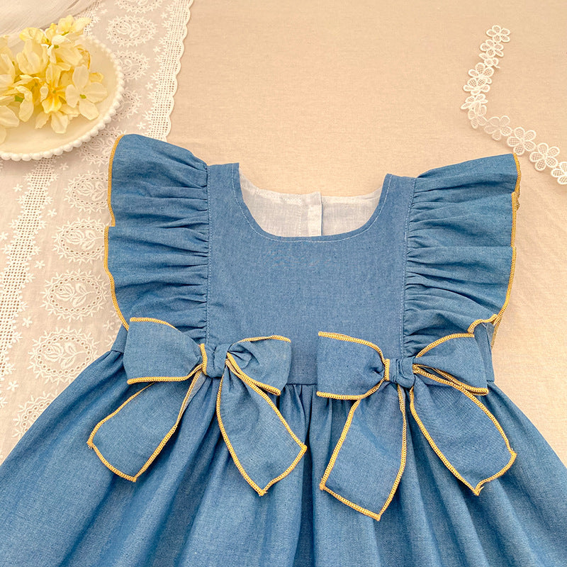（In Production）Sisters Spring&Summer Bow Denim Ruffle Dress,Romper