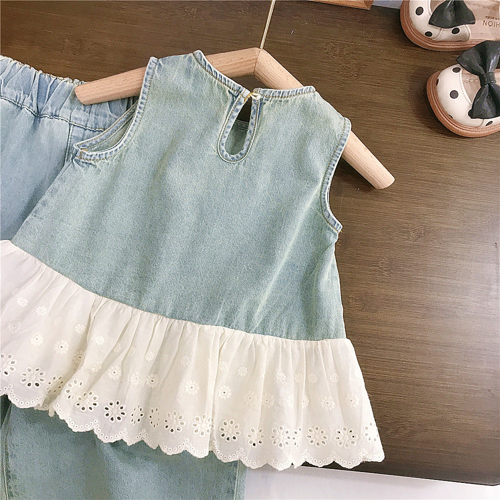 （In Production）Girls Spring&Summer Denim Lace Ruffle Outfit Set