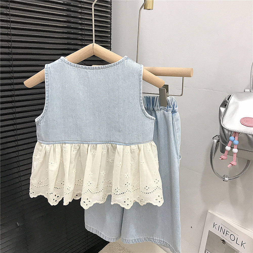 （In Production）Girls Spring&Summer Denim Lace Ruffle Embroidery Outfit Set