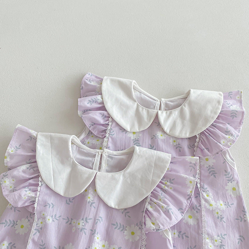 （In Production）Sisters Spring&Summer Lavender Floral Print Dress,Romper
