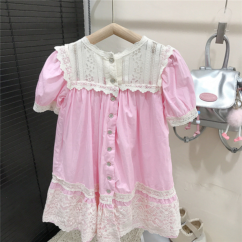 （In Production）Girls Spring&Summer Pink Cotton Lace Dress