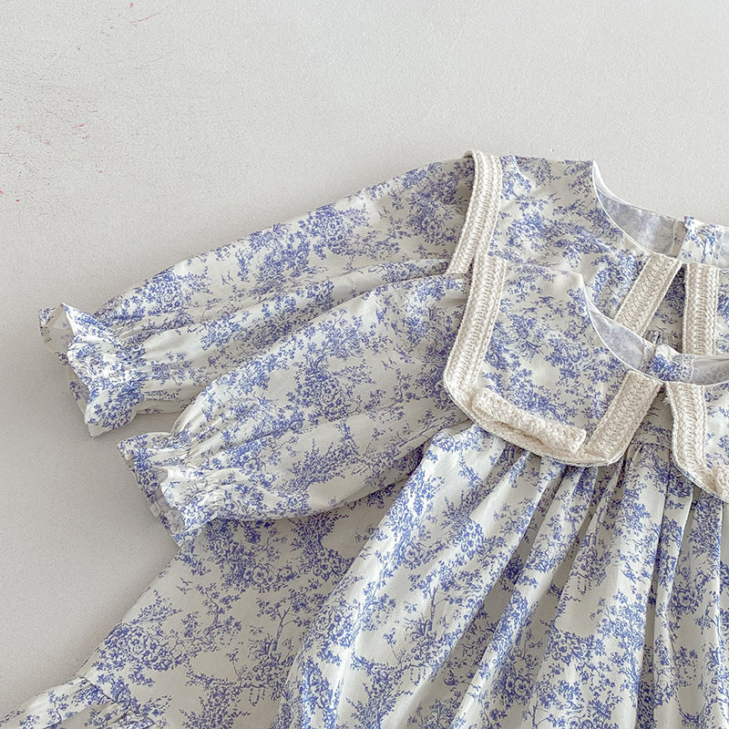 （Pre Order 2 Weeks）Sisters Fall Floral Print Lace Collar Bow Ruffle Dress&Romper