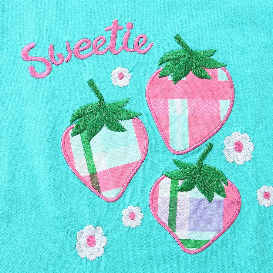 （In Production）Girls Spring&Summer Strawberry Applique Cotton Shorts Set