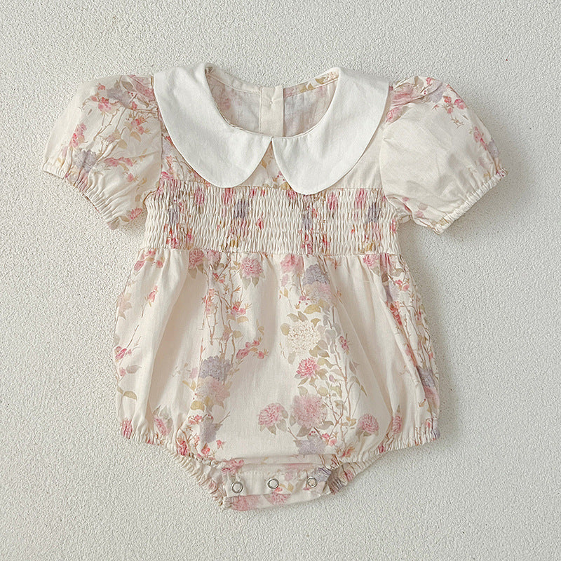 （In Production）Sisters Spring&Summer Floral Print Doll Collar Smocked Dress,Romper