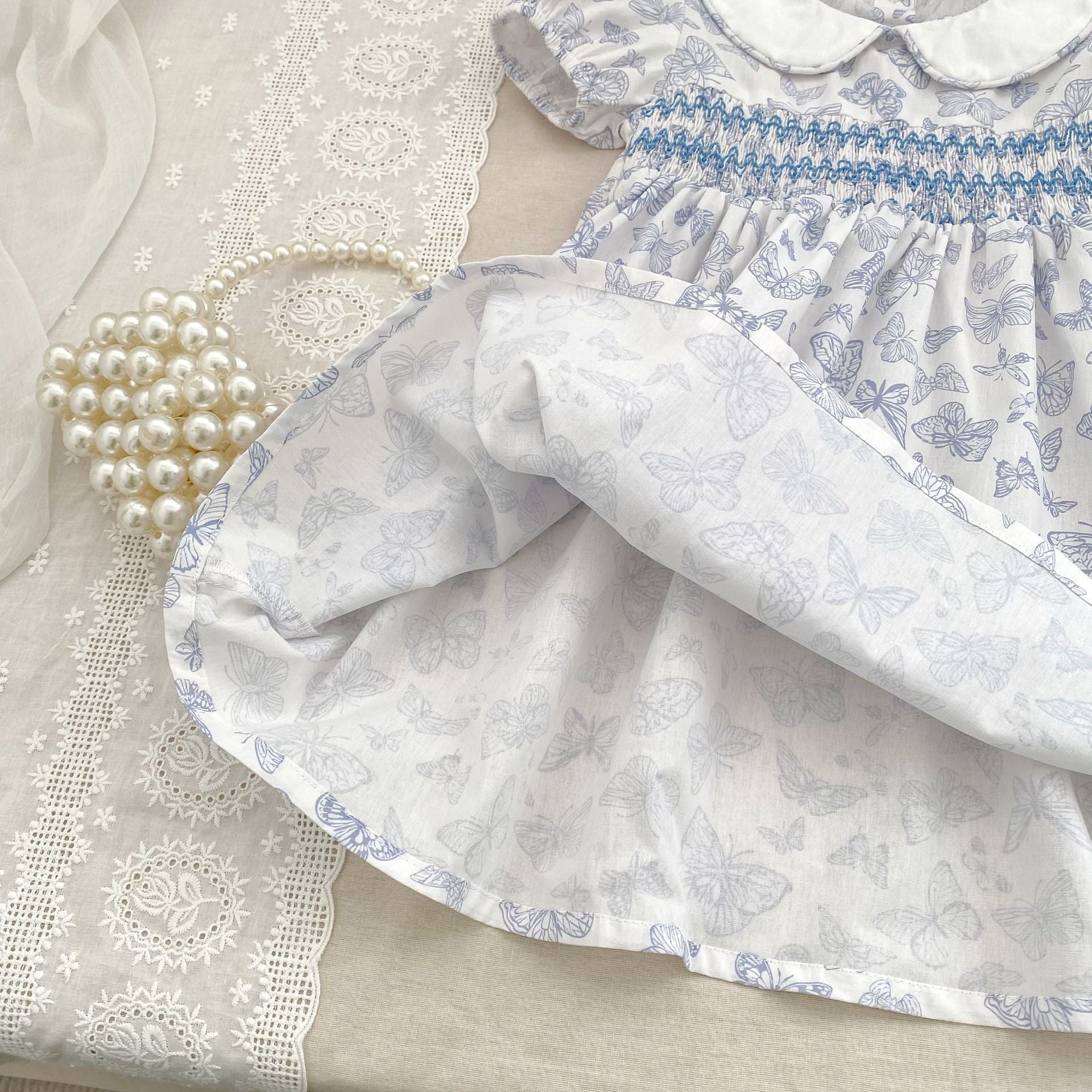 （In Production）Sisters Spring&Summer Blue Butterfly Print Smocked Dress,Romper