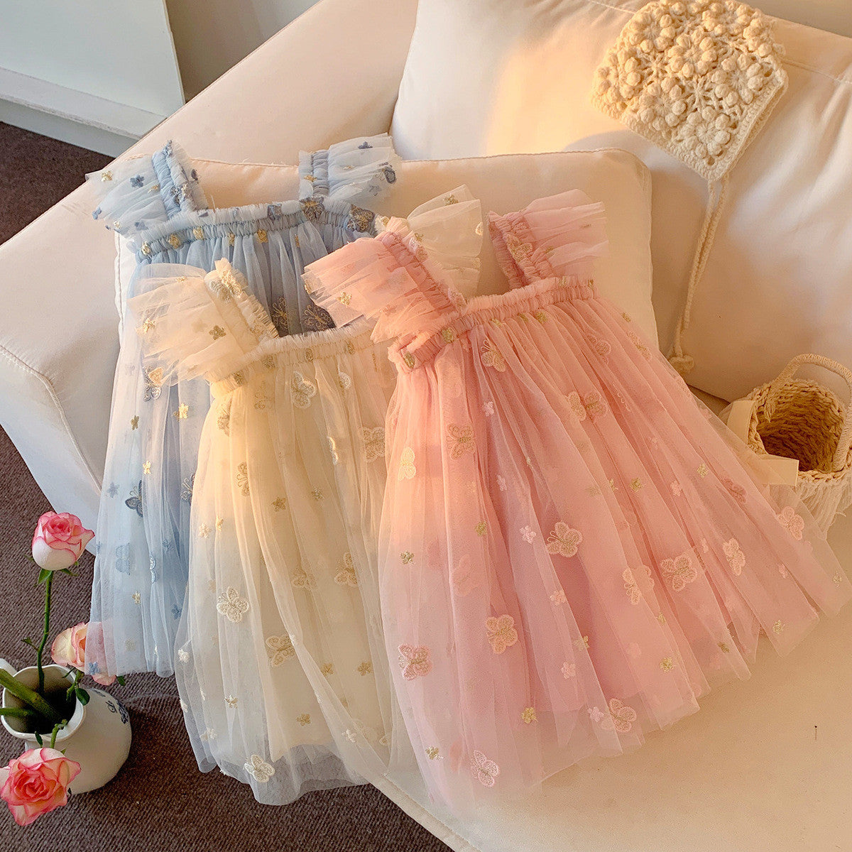 （In Production）Girls Spring&Summer Butterfly Embroidery Tulle Dress