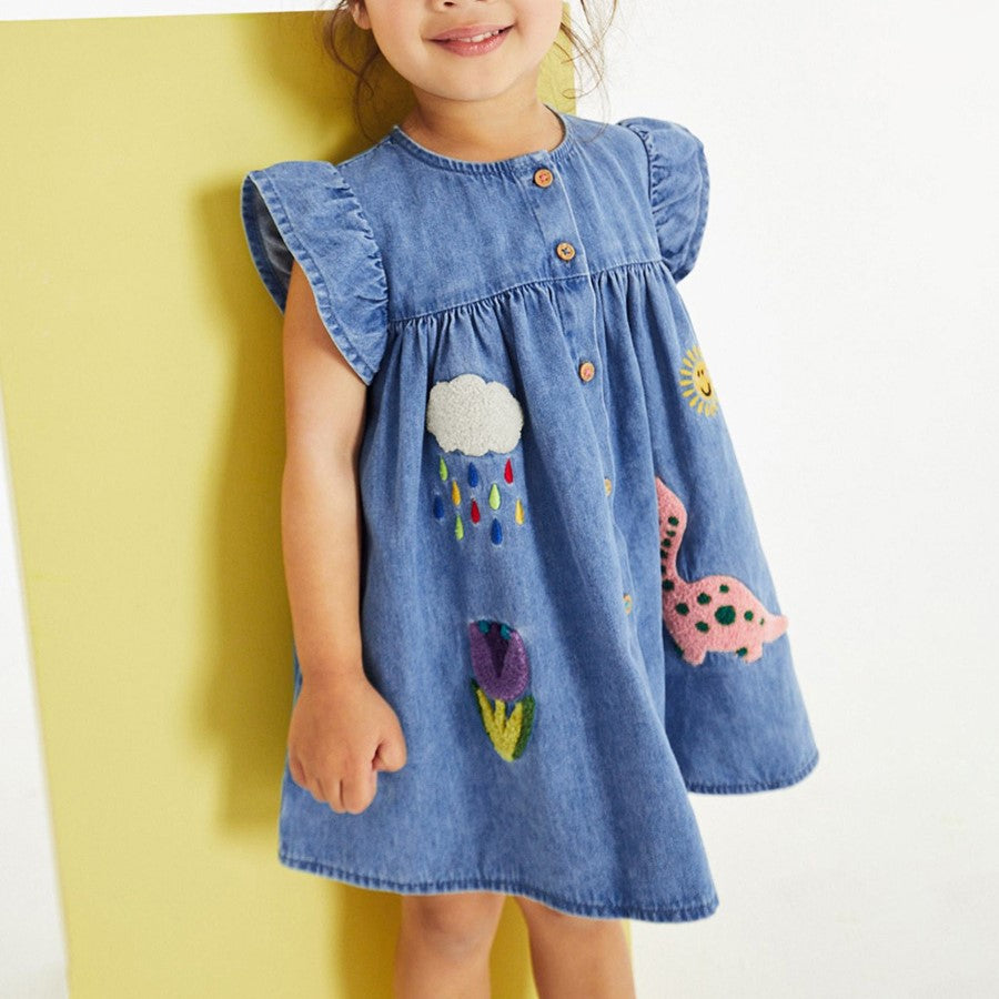 （In Production）Girls Spring&Summer Dino Chenille Patches Denim Dress