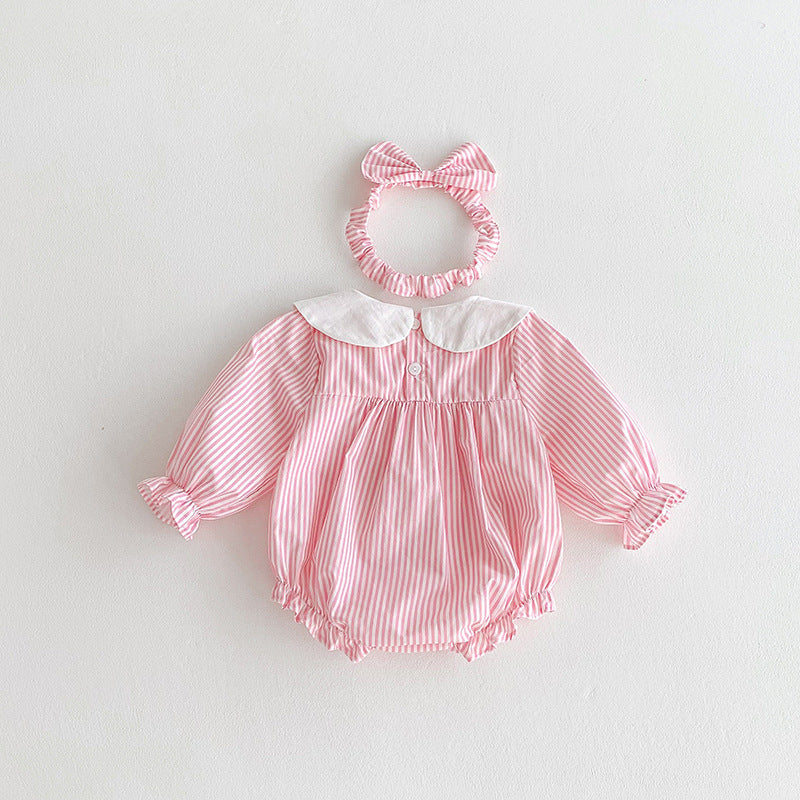 （In Production）Sisters Fall Pink Stripe Dress&Romper with Pockets
