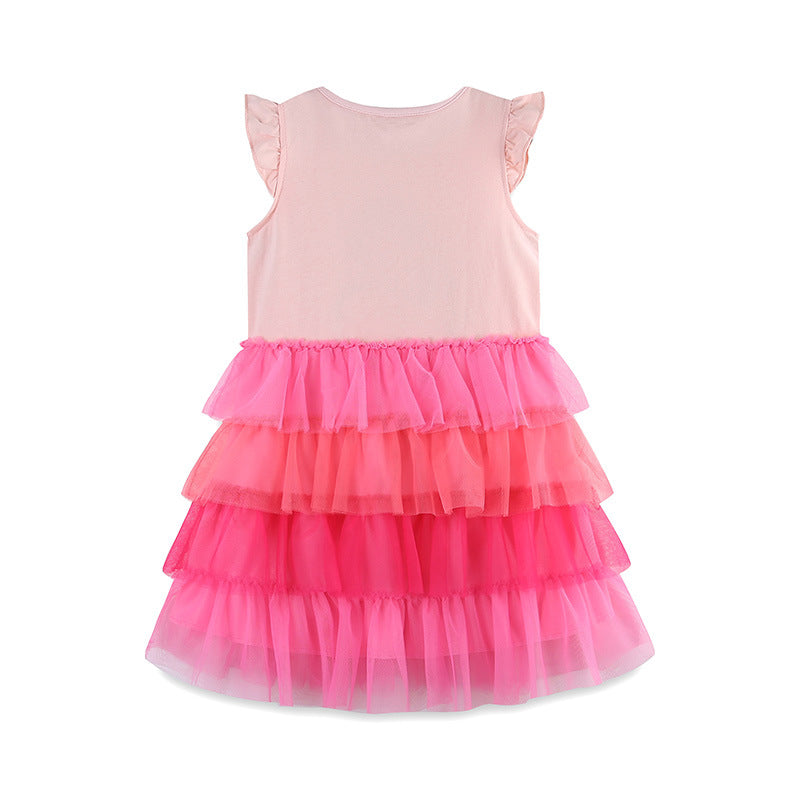 （In Production）Girls Spring&Summer Flamingo Applique Tulle Dress
