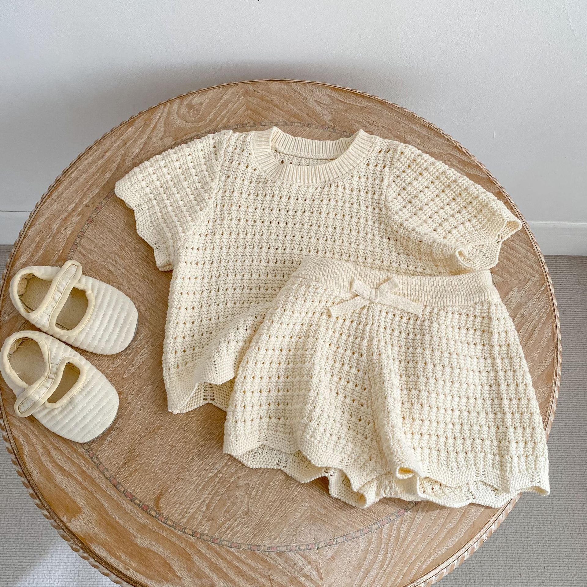 （In Production）Girls Spring&Summer Knitted Scallop Shorts Set