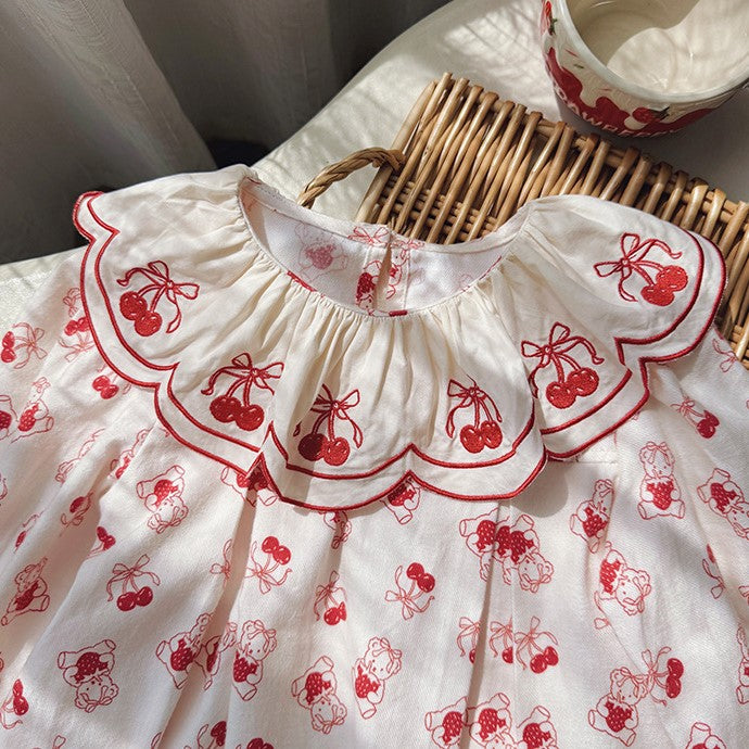 （In Production）One Pack(6 Pieces total)Sale Girls Fall Cherry Embroidery Scallop Dress