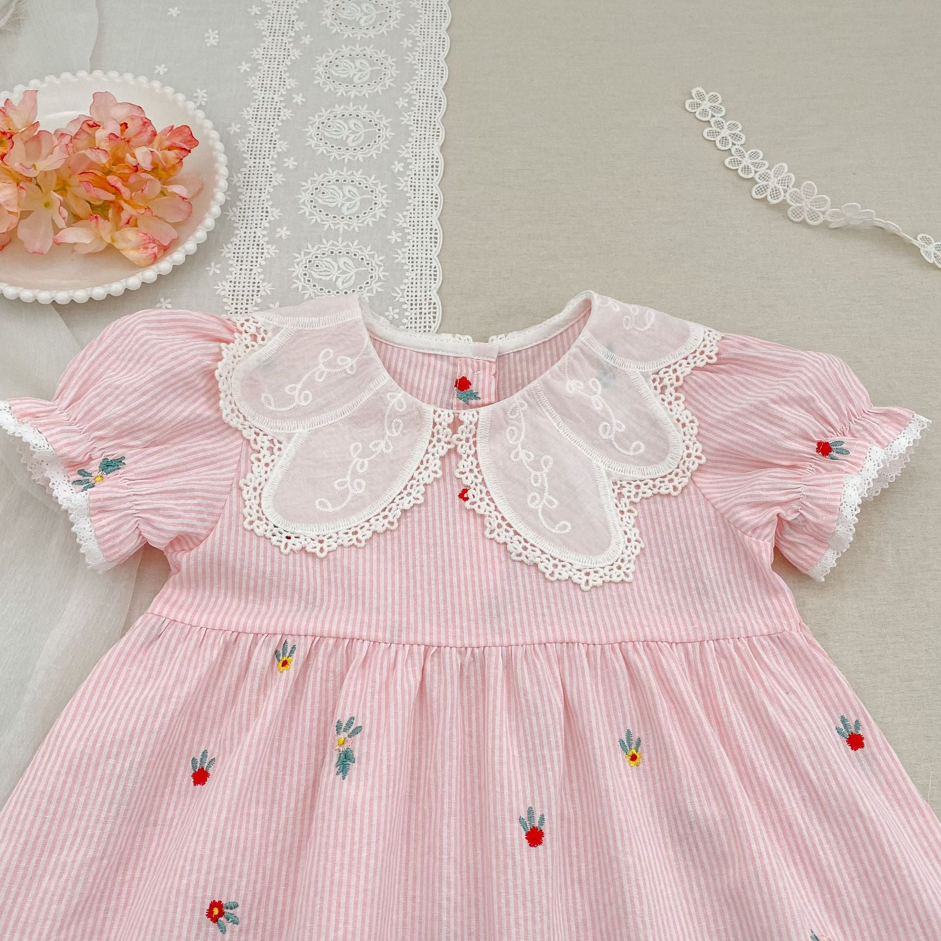 （Pre Order 2 Weeks）Sisters Floral Embroidery Pink Stripe Dress&Romper