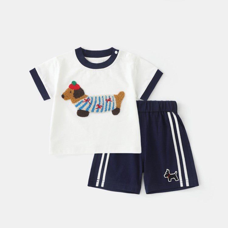 （Pre Order）Boys Spring and Summer Puppy Chenille Patches Shorts Set