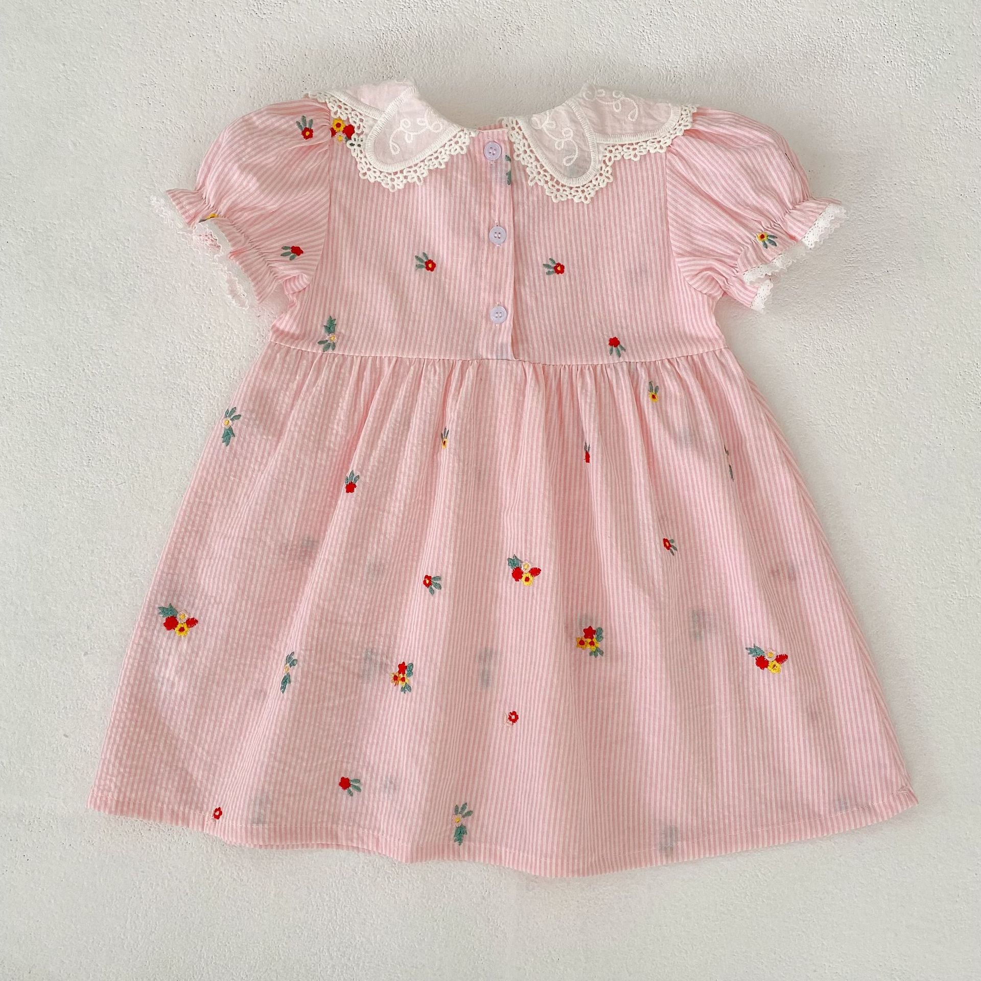 （Pre Order 2 Weeks）Sisters Floral Embroidery Pink Stripe Dress&Romper