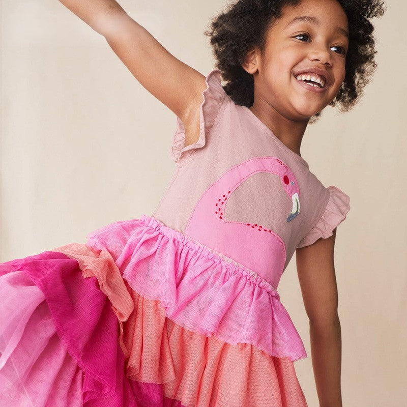 （In Production）Girls Spring&Summer Flamingo Applique Tulle Dress